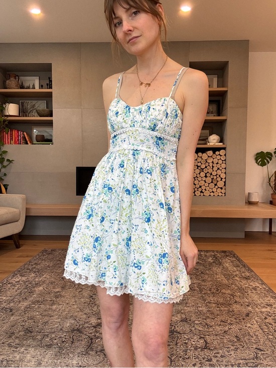 Vintage Dresses & Skirts - Vintage Cotton Floral Sundress with Blue & Green Print xs